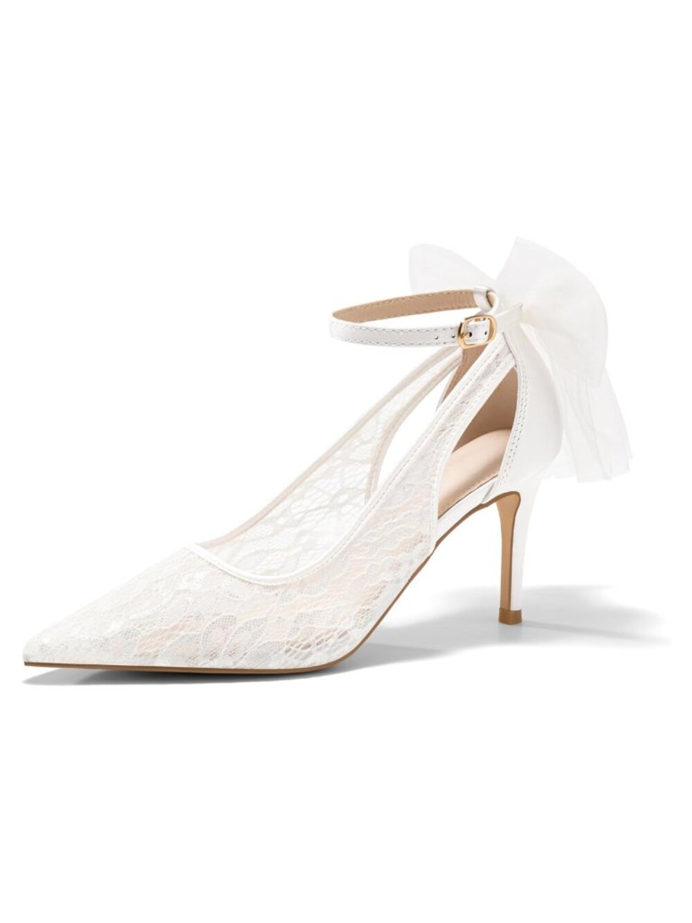 Women's Lace Mesh Stiletto Pump Heels Bow Ankle Strap Wedding
